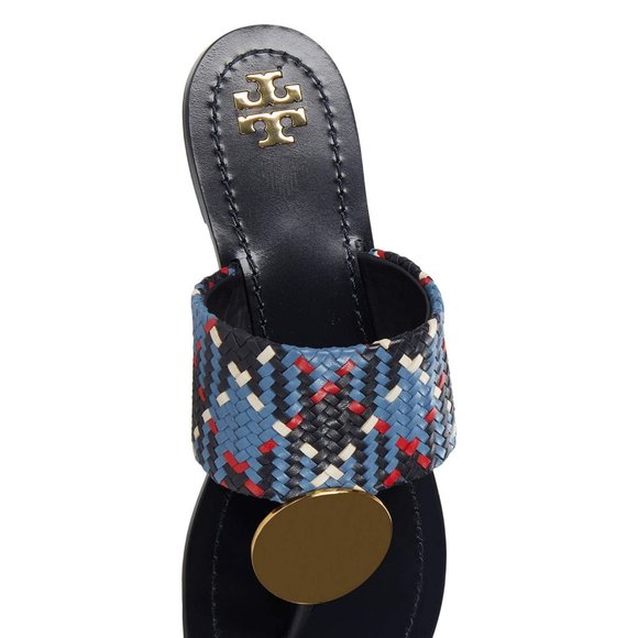 Tory Burch $268 Patos LEATHER Disk Sandal Blue Woven 10 - Picture 12 of 13